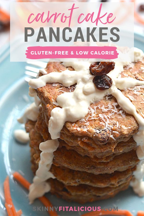 Healthy Carrot Cake Pancakes! These moist, mildly spiced pancakes taste like real carrot cake only in breakfast form & better for you too! Gluten Free + Low Calorie