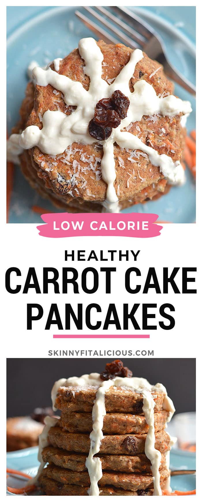 Healthy Carrot Cake Pancakes! These moist, mildly spiced pancakes taste like real carrot cake only in breakfast form and better for you too! Gluten Free + Low Calorie