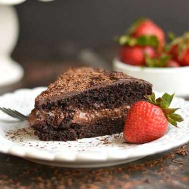This Paleo Healthy Chocolate Cake is a healthier version of cake and easy to make with almond flour, maple syrup, cocoa, coconut cream & chocolate. The chocolate ganache center is truly irresistible. Guaranteed to be loved by the entire family! Gluten Free + Low Calorie + Paleo