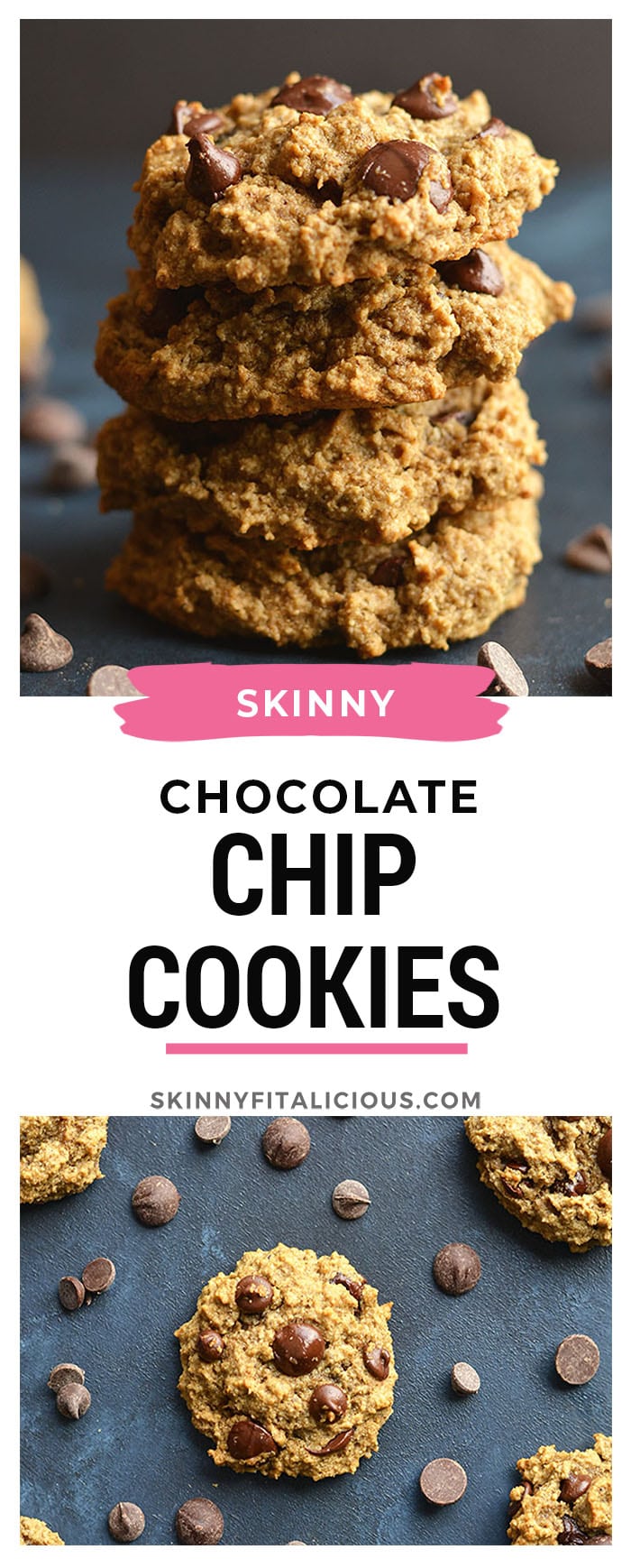 Skinny Chocolate Chip Cookies made lighter and nutritionally balanced, yet just as scrumptiously chewy and delicious as the original recipe. Perfect for healthy snacking! Vegan + Gluten Free + Low Calorie