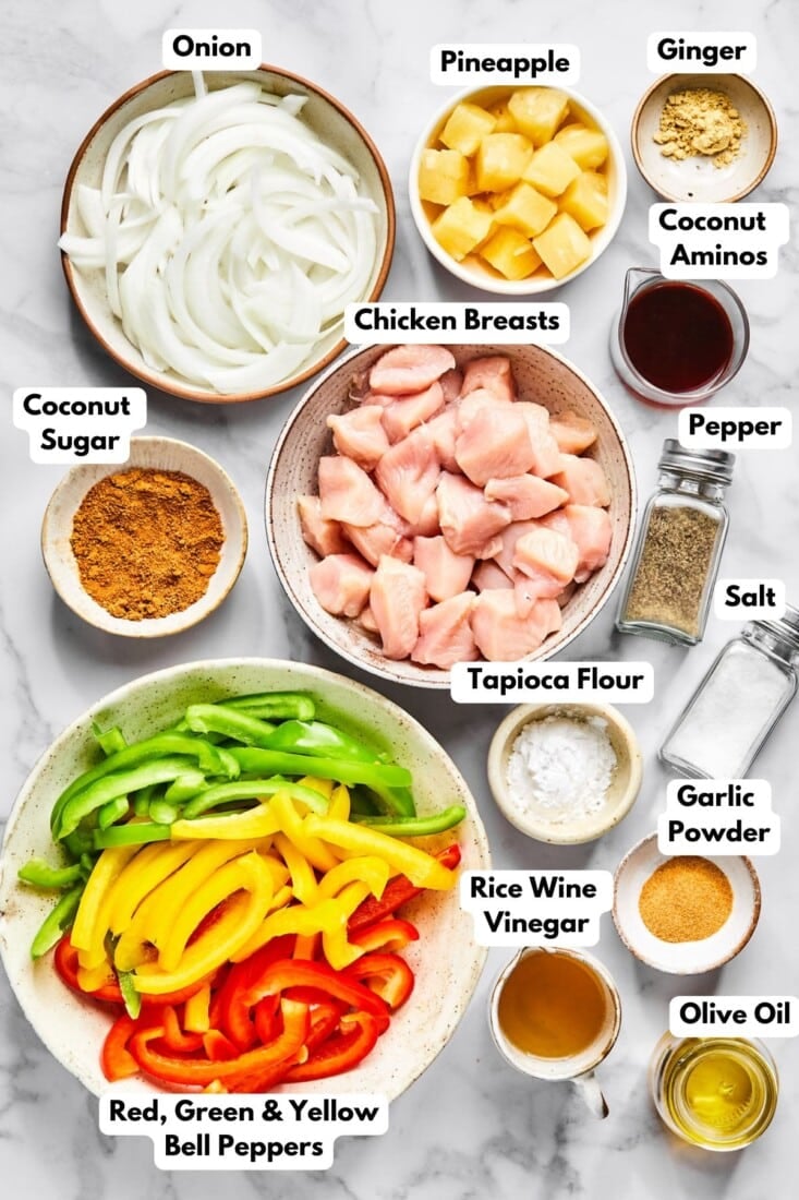 Ingredients to make a healthy sweet and sour chicken dish on the table. 