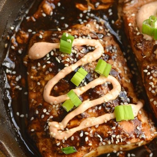 An easy skillet Teriyaki Sriracha Salmon marinated in a homemade teriyaki sauce & topped with a Sriracha Greek yogurt sauce that you can't resist! Big on flavor, spicy as you like & perfect for a quick meal. Gluten Free + Low Calorie