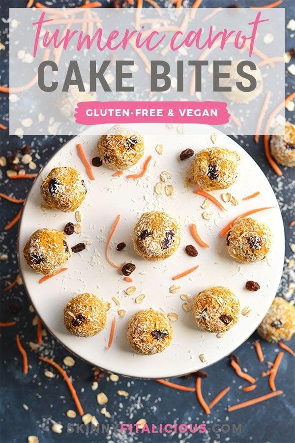 Turmeric Carrot Cake Bites! Made with 8 wholesome ingredients, these nutrition dense bites are a delicious no bake snack you can take with you anywhere. Gluten Free + Low Calorie + Vegan