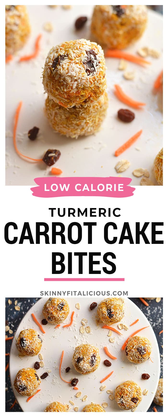 Turmeric Carrot Cake Bites! Made with 8 wholesome ingredients, these nutrition dense bites are a delicious no bake snack you can take with you anywhere.