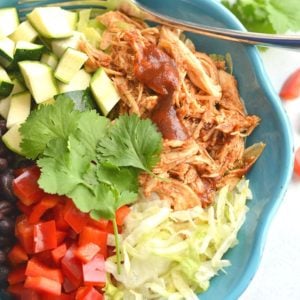 These BBQ Chicken Taco Bowls are the perfect combination of Mexican & summer BBQ flavors. A protein-packed, Gluten-Free, EASY meal prep recipe for a make ahead lunch or dinner. Gluten Free + Low Calorie