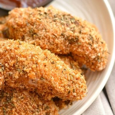These Healthy Chicken Fingers have the same crunch of fried chicken for a fraction of the calories! Made with 4 ingredients, this Gluten Free meal is one you can feel good about eating! Gluten Free + Low Calorie
