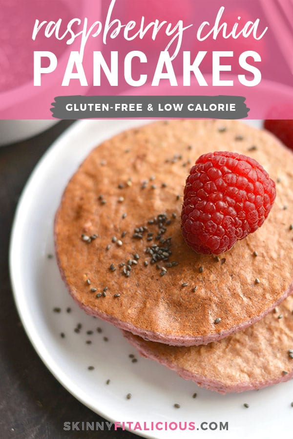 Raspberry Chia Protein Pancakes are too good to be true! Protein packed, made with simple wholesome ingredients, lower in sugar, and so tasty! Just blend, cook, and eat! Gluten Free + Low Calorie