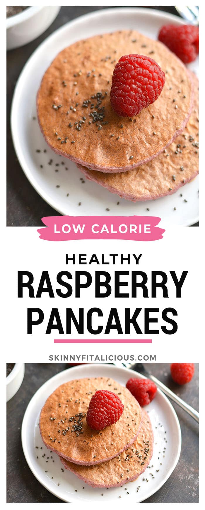 Raspberry Chia Protein Pancakes are too good to be true! Protein packed, made with simple wholesome ingredients, lower in sugar, and so tasty! Just blend, cook, and eat! Gluten Free + Low Calorie