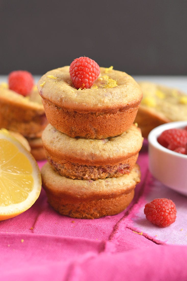 Moist & fluffy Raspberry Lemon Quinoa Muffins! These protein-packed muffins have summery flavors, are lightly sweet & packed with nourishment. Great for breakfast, brunch, or anytime! Gluten Free + Low Calorie