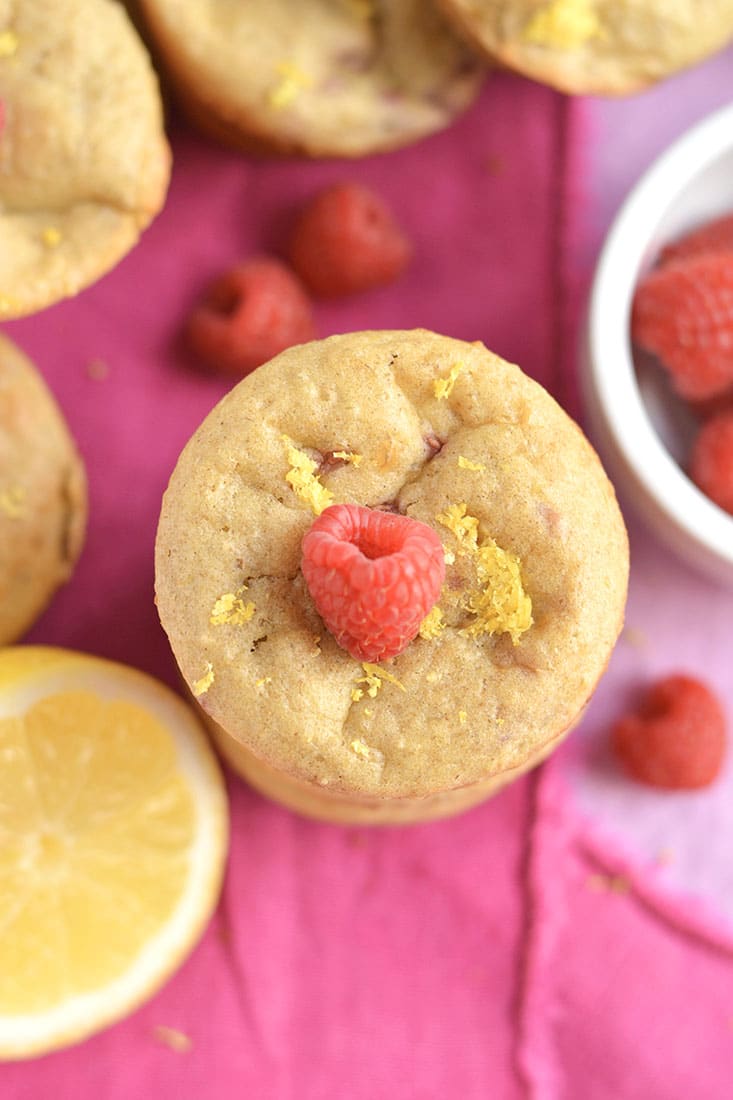 Moist & fluffy Raspberry Lemon Quinoa Muffins! These protein-packed muffins have summery flavors, are lightly sweet & packed with nourishment. Great for breakfast, brunch, or anytime! Gluten Free + Low Calorie