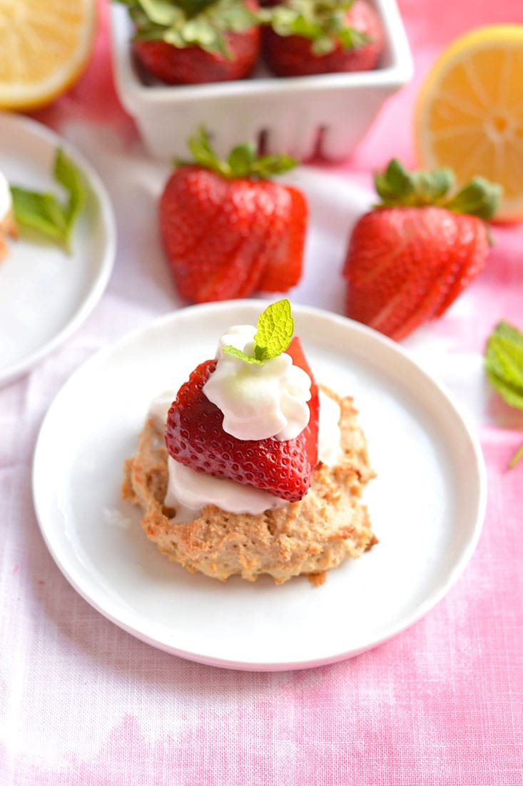 Skinny Strawberry Shortcake made nutritionally balanced with protein & oats in biscuit form for a portioned controlled dessert or snack. Perfect for those watching their weight or trying to lose weight. Gluten Free + Low Calorie