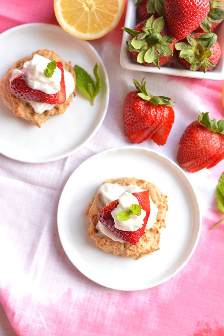 Skinny Strawberry Shortcake made nutritionally balanced with protein & oats in biscuit form for a portioned controlled dessert or snack. Perfect for those watching their weight or trying to lose weight. Gluten Free + Low Calorie 