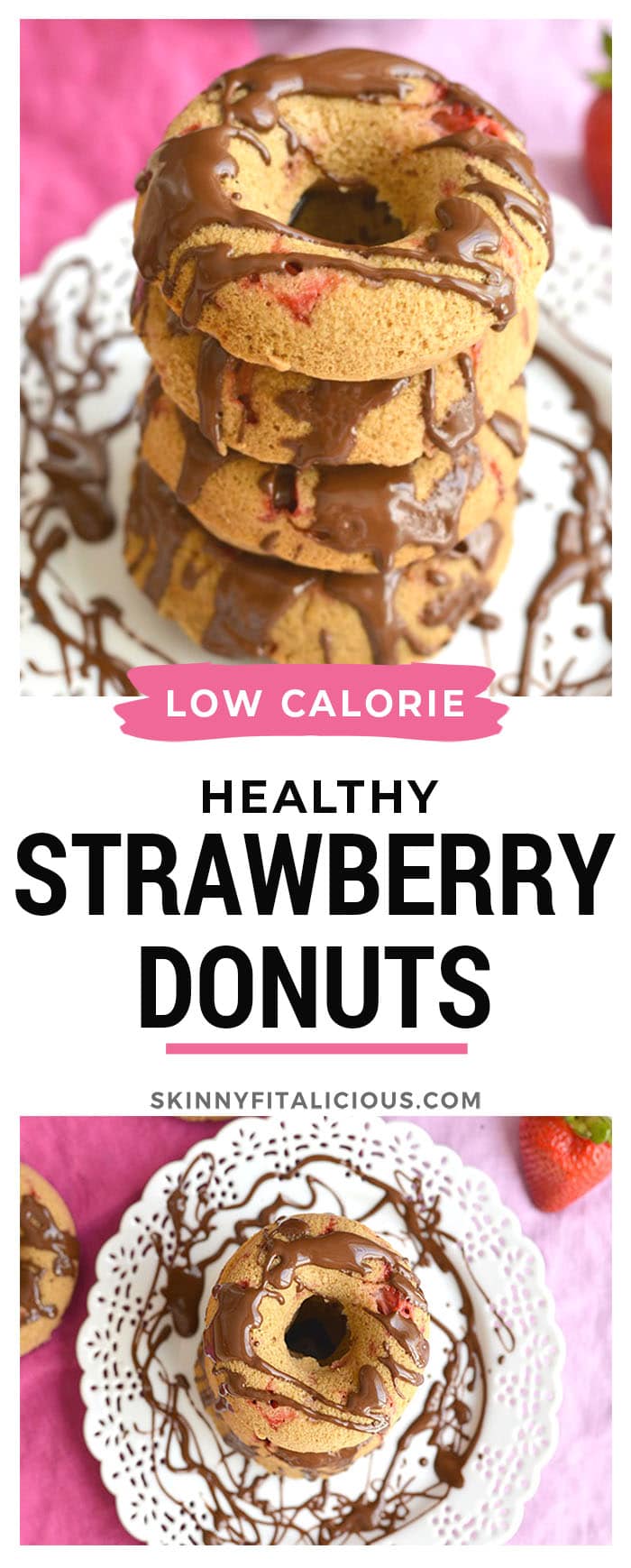 Skinny Strawberry Chocolate Donuts baked in the oven with lighter, healthier ingredients. Great for a sweet breakfast or snack, and super easy to make.