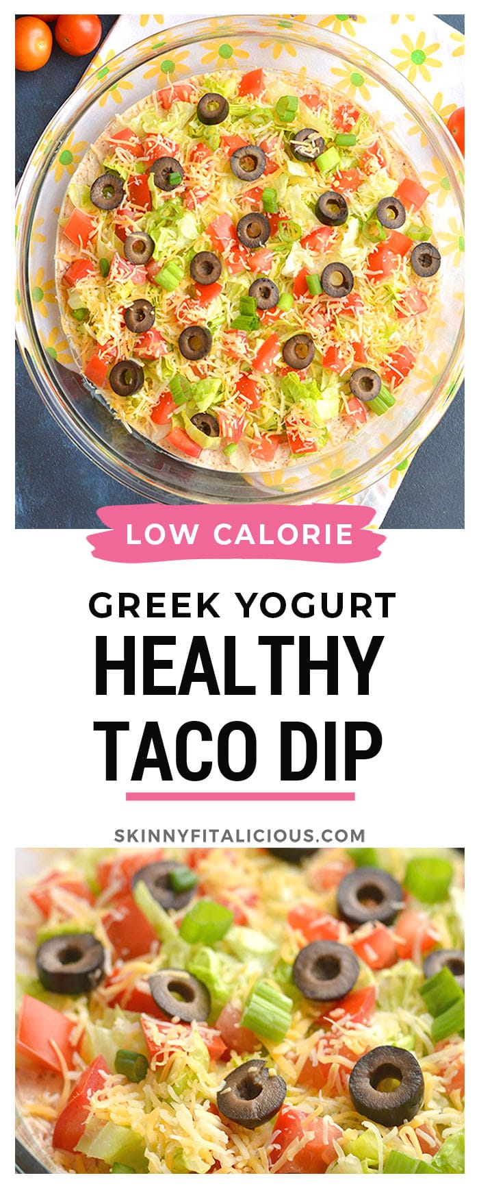 Healthy Taco Dip made with tangy, protein packed Greek Yogurt and homemade taco seasoning! Your guests will have no idea this flavorful party dip is healthy!
