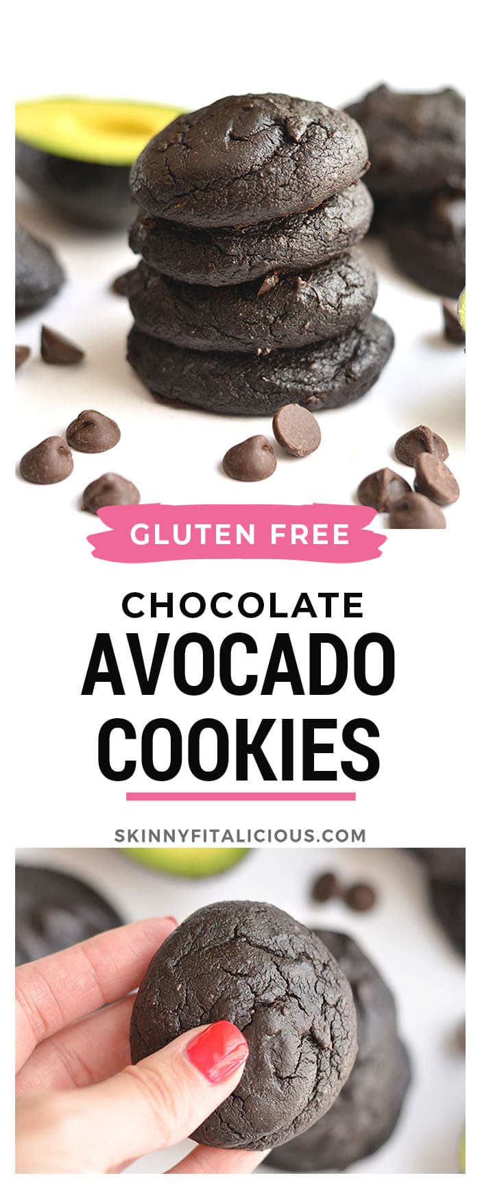 These Chocolate Avocado Cookies are rich, fudgy & melt in your mouth! Avocados are substituted for oil making the cookies a healthier, vitamin packed treat. You'll never know they're made with avocados! Gluten Free + Low Calorie 