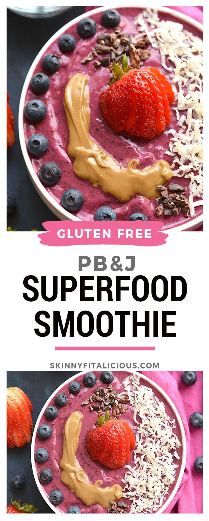 A tasty PB&J Superfood Smoothie made with acai, protein powder, fruit, nut butter, Greek yogurt & more! A vitamin & mineral packed breakfast or snack, resembling a favorite childhood sandwich. Gluten Free + Low Calorie!
