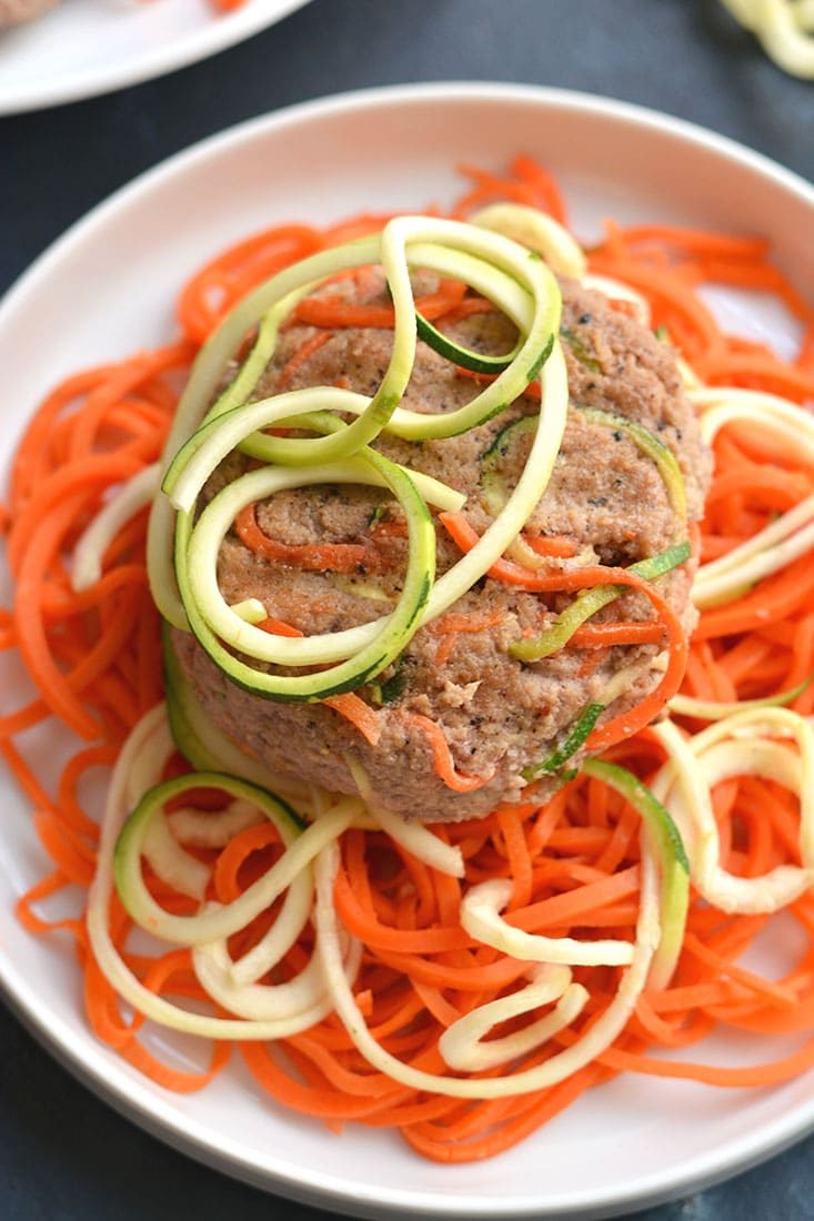 Spiralized Turkey Burgers with Zucchini & Carrots! These burgers make a bold statement with curly strands of veggies. With 4 ingredients & 10 minutes to make, this veggie packed recipe is one anyone can make. Paleo + Gluten Free + Low CalorieSpiralized Turkey Burgers with Zucchini & Carrots! These burgers make a bold statement with curly strands of veggies. With 4 ingredients & 10 minutes to make, this veggie packed recipe is one anyone can make. Paleo + Gluten Free + Low Calorie