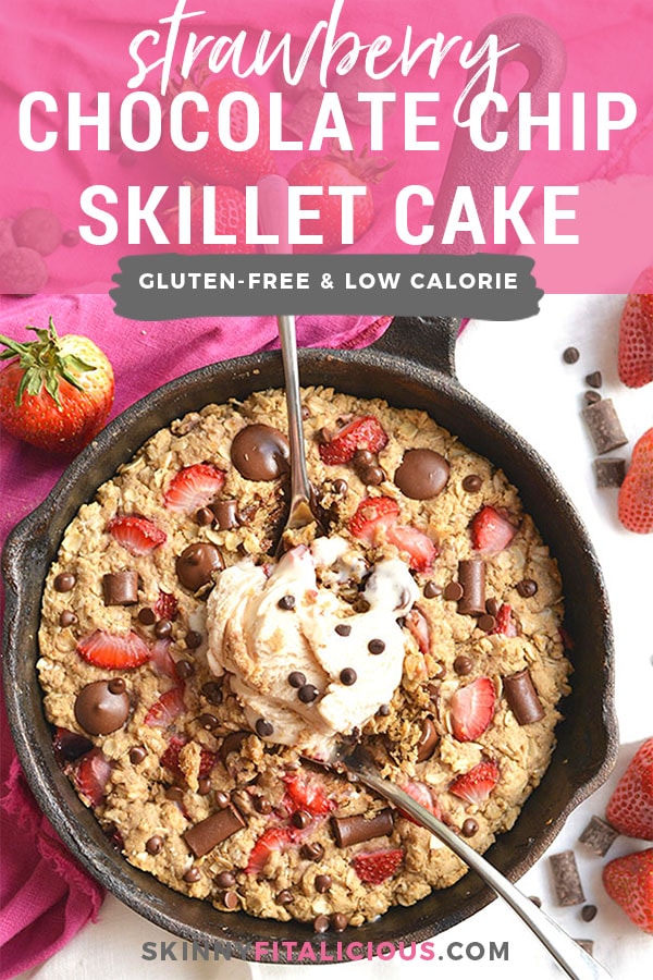 Gooey, Chocolatey Strawberry Chocolate Chip Skillet Cake! Low sugar & made with healthier, wholesome ingredients, you will fall in love with this indulgent weight watcher friendly dessert! Gluten Free + Low Calorie