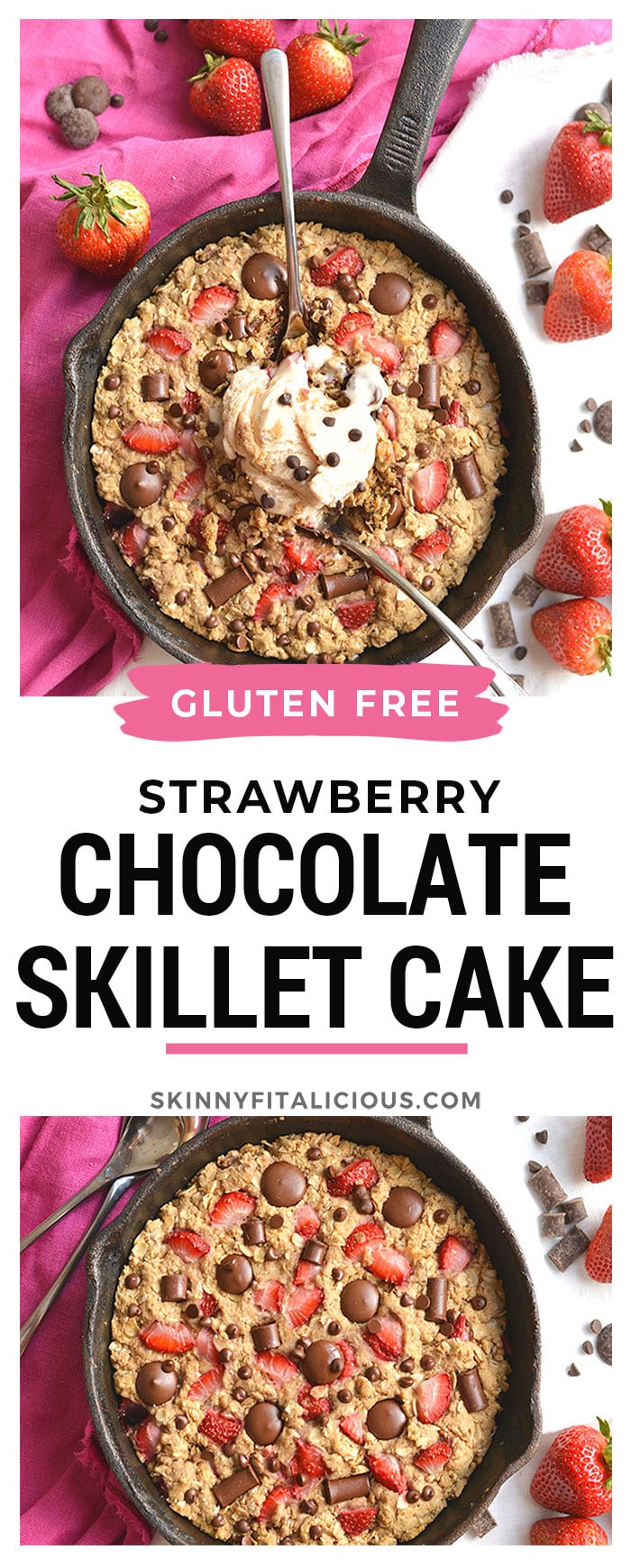 Chocolatey Strawberry Chocolate Chip Skillet Cake! Low sugar & made with healthier, wholesome ingredients, you will fall in love with this indulgent weight watcher friendly dessert! Gluten Free + Low Calorie