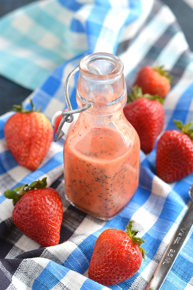 A satisfying Shrimp Strawberry Poppyseed Salad packed with delicious, simple ingredients & a light strawberry poppyseed vinaigrette. Easy to make fresh at home. Just toss and go! Great as a vegetarian main or side salad. Gluten Free + Low Calorie 