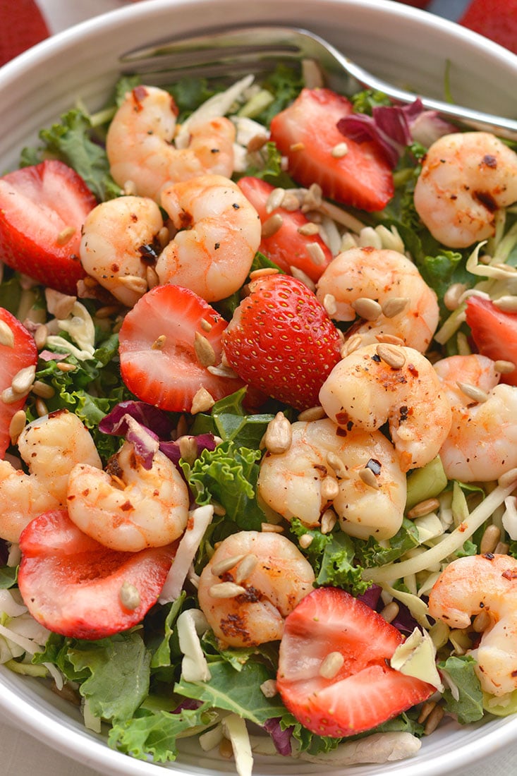 A satisfying Shrimp Strawberry Poppyseed Salad packed with delicious, simple ingredients & a light strawberry poppyseed vinaigrette. Easy to make fresh at home. Just toss and go! Great as a vegetarian main or side salad. Gluten Free + Low Calorie 