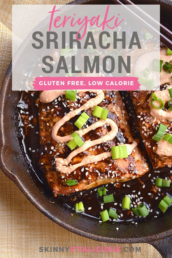 An easy skillet Teriyaki Sriracha Salmon marinated in a homemade teriyaki sauce & topped with a Sriracha Greek yogurt sauce that you can't resist! Big on flavor, spicy as you like & perfect for a quick meal. Gluten Free + Low Calorie
