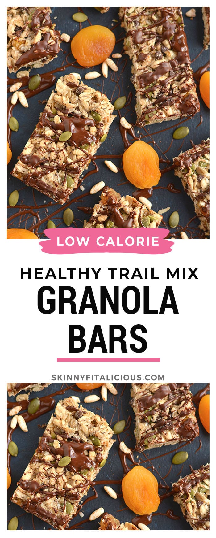 These homemade Trail Mix Granola Bars are easy to make with apricots, gluten free oats, brown rice cereal, pumpkin seeds and chocolate. A sweet, salty, chewy bar that's naturally sweetened.  A wholesome recipe for a nutritious snack or breakfast to go! Gluten Free + Low Calorie + Vegan