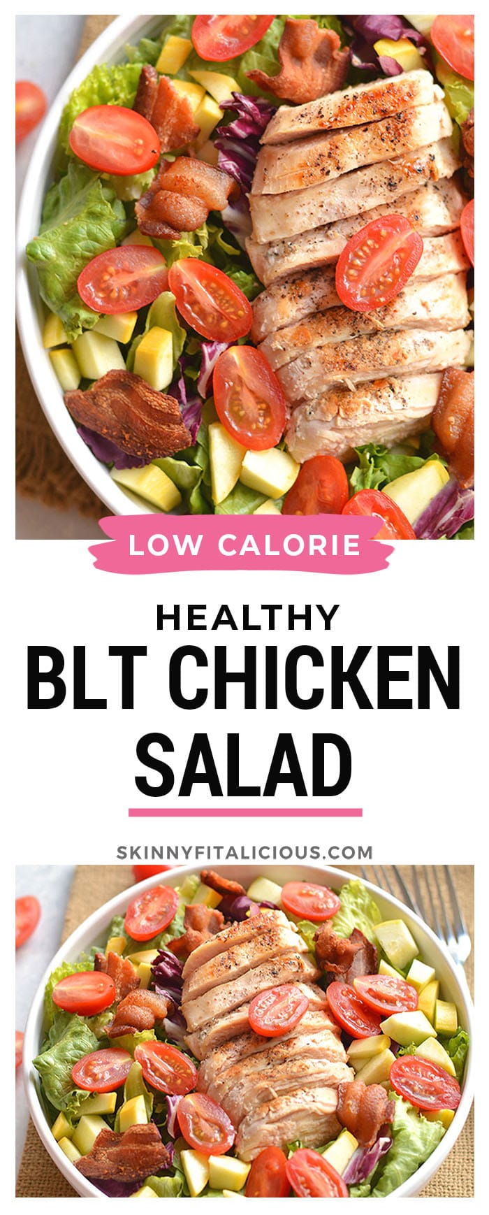 Low Carb BLT Grilled Chicken Salad! A healthy lunch or dinner topped with fresh lettuce, veggies, turkey bacon and a lighter salad dressing.