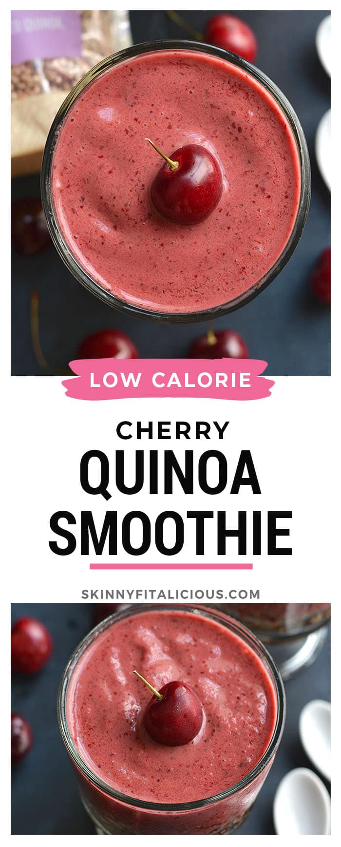 This Cherry Quinoa Smoothie is layered with quinoa and topped with a cherry smoothie. Mix the two together for a crunchy protein-packed breakfast!