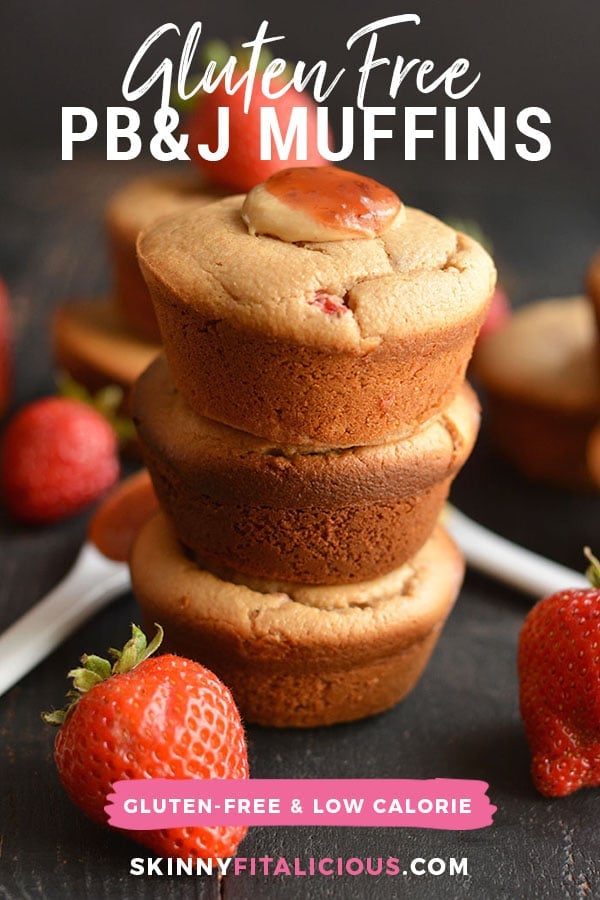 Healthy Peanut Butter & Jelly Muffins! These almond flour PB&J muffins are creamy, protein-packed & lightly sweetened with fresh strawberries. Take one with you for a healthy snack on the go! Gluten Free + Low Calorie