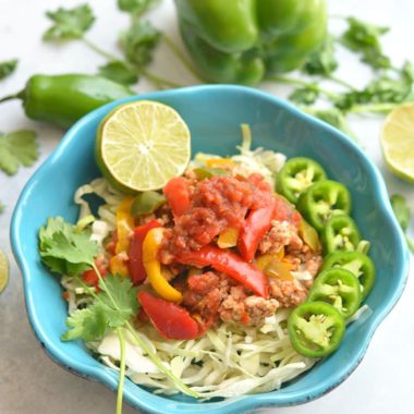 Healthy Skillet Salsa Chicken! Loaded with protein, veggies & flavor, this super easy 15 minute dinner is a family favorite. Serve over lettuce with rice or quinoa, or cauliflower rice for Paleo. Gluten Free + Low Calorie + Paleo