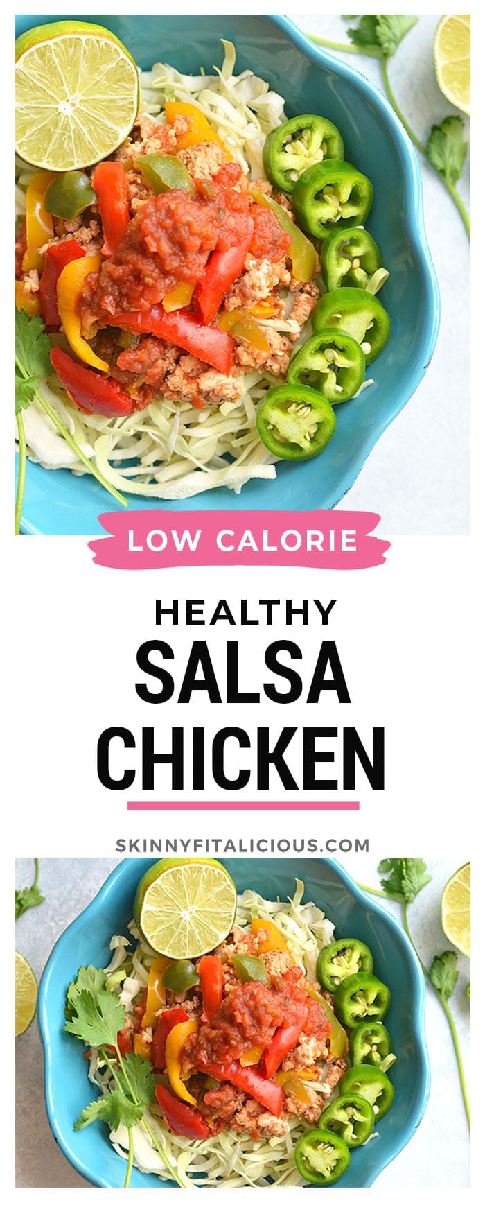 Healthy Skillet Salsa Chicken! Loaded with protein, veggies and flavor, this super easy 15 minute dinner is a family favorite. Serve over lettuce with rice or quinoa, or cauliflower rice for Paleo.
