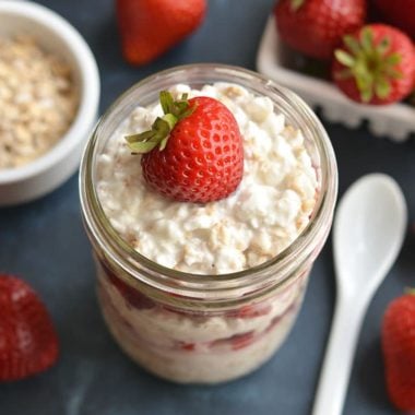 Nothing like cheesecake for breakfast! This Strawberry Cheesecake Overnight Oats recipe is prepped in less than 5 minutes so you can have a healthy, egg-free breakfast ready to go every morning! Gluten Free + Low Calorie