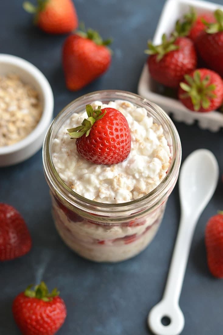 Nothing like cheesecake for breakfast! This Strawberry Cheesecake Overnight Oats recipe is prepped in less than 5 minutes so you can have a healthy, egg-free breakfast ready to go every morning! Gluten Free + Low Calorie