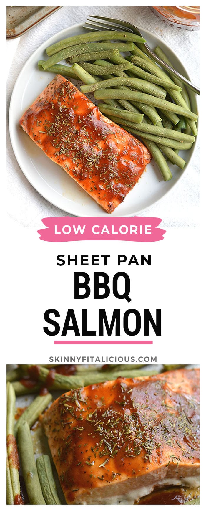 Low Sugar BBQ Salmon made on a sheet pan in less than 20 minutes. Low sugar BBQ sauce, thyme and green beans compliment the meal perfect. A hearty, yet healthy with simple good for you ingredients. Gluten Free + Low Calorie