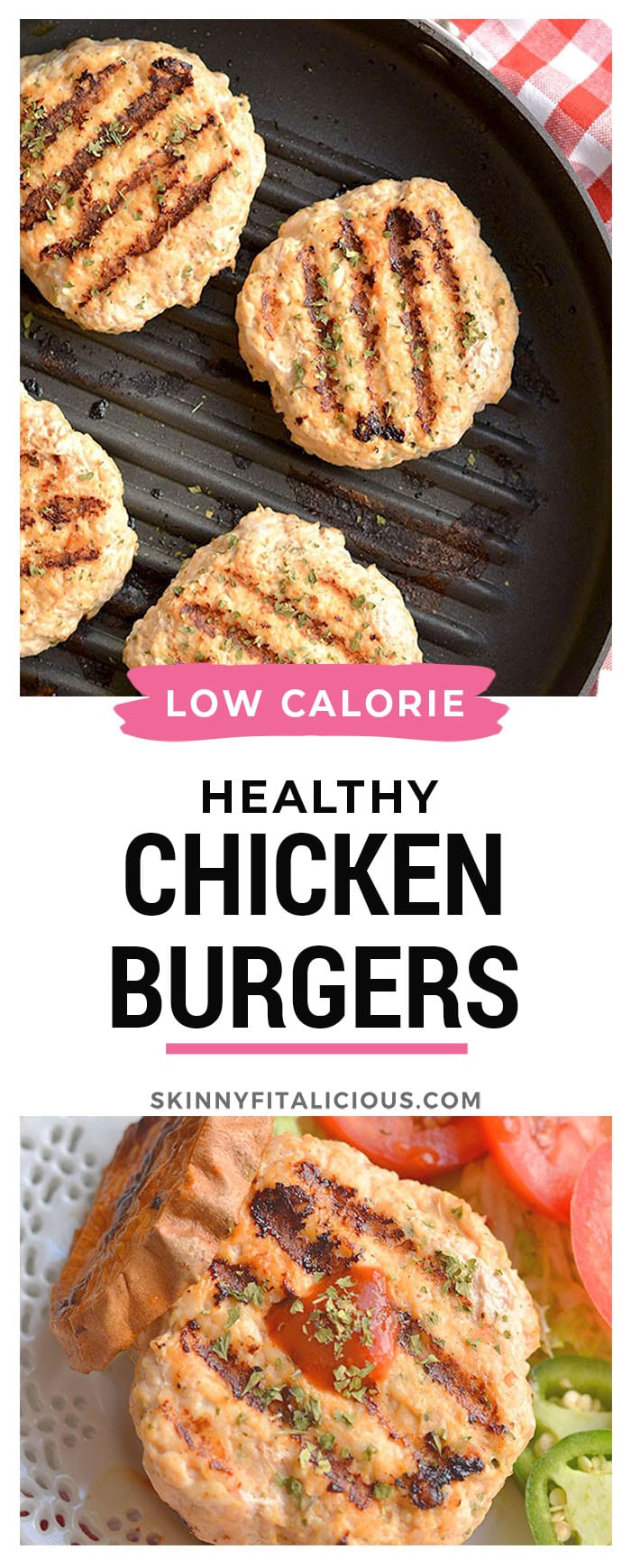 Healthy Chicken Burgers made low calorie with Sriacha sauce. An easy, high protein meal.