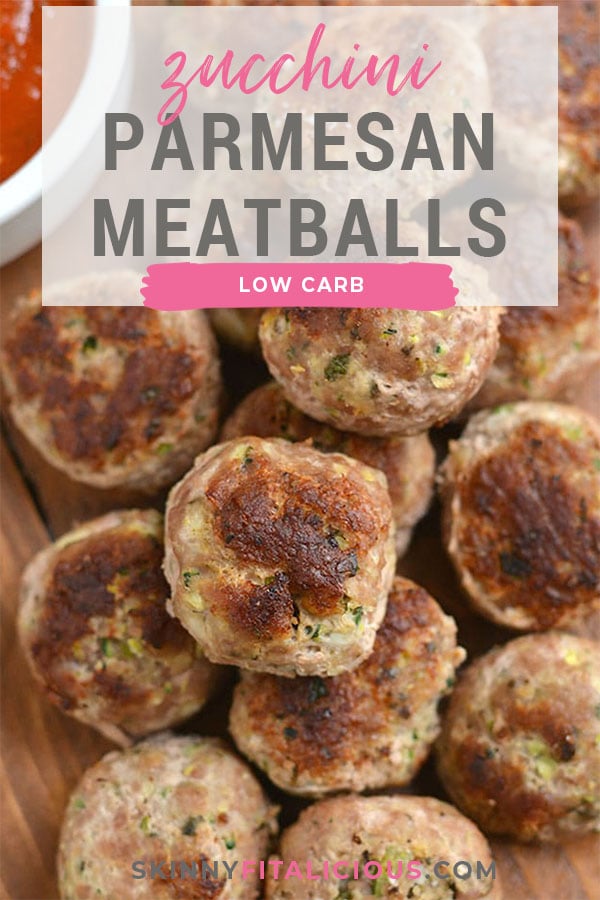 Healthy Zucchini Parmesan Meatballs! Baked in less than 30 minutes and freezable. These meatballs are perfect for meal prepping, a quick weeknight dinner or serving as an appetizer. Gluten Free + Low Calorie