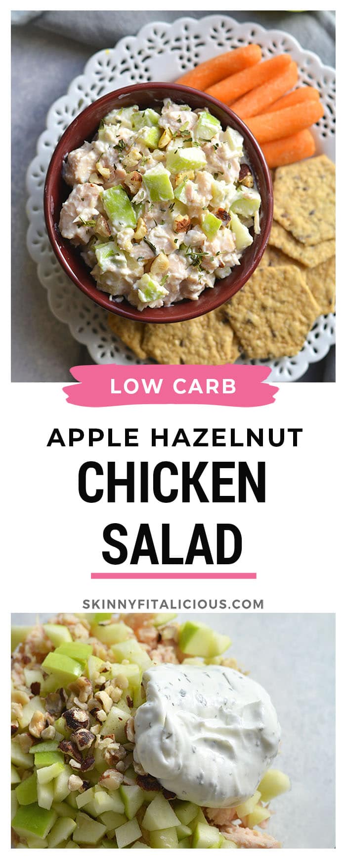 This Meal Prep Apple Hazelnut Chicken Salad is the perfect light, low carb lunch! Made mayo free, Paleo friendly and flavorful! Serve over lettuce, in a sandwich or wrap. An easy meal prep lunch you can take with you on the go! Low Carb + Gluten Free + Low Calorie + Paleo option