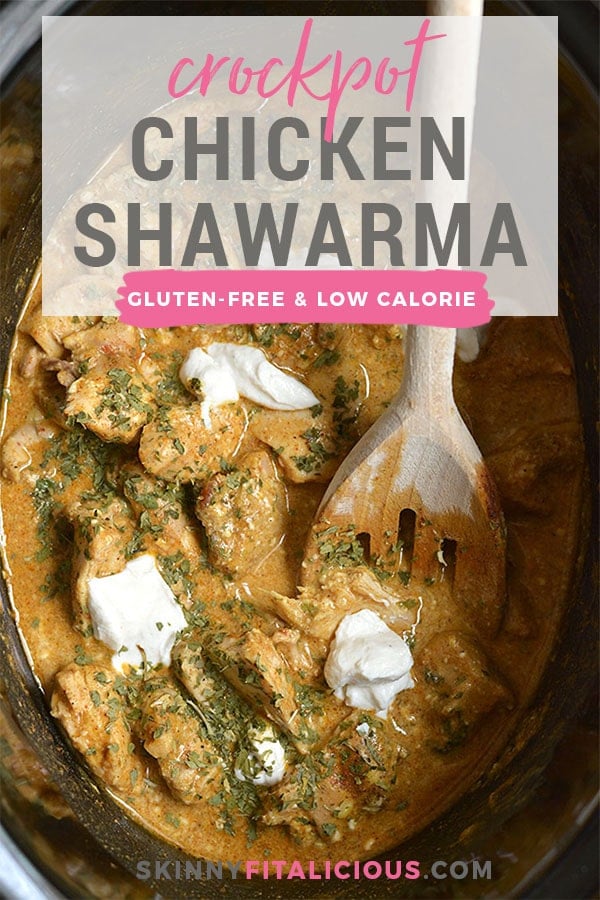 This Crockpot Chicken Shawarma is a hearty meal packed with Mediterranean flavors. A quick slow cooker recipe, just dump and go. High protein and feeds plenty. Gluten Free + Low Calorie