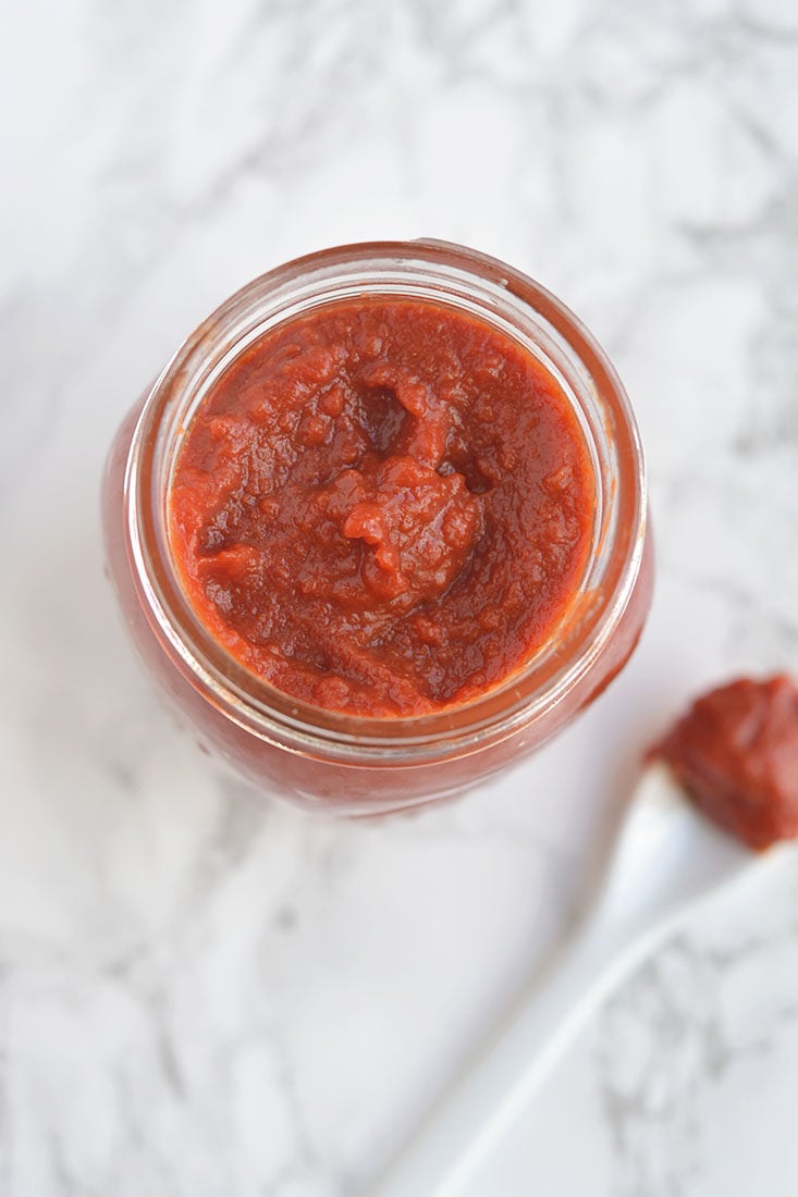 Low Sugar Ketchup! An easy homemade 5 minute ketchup recipe that's free of additives and low in sugar. Perfect for dipping and topping all your favorite foods with! Paleo + Vegan + Low Calorie + Gluten Free