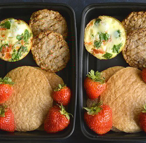 Stumped by breakfast? These Paleo Cauliflower Egg Muffins are perfect to meal prep in advance! Paired with my favorite protein pancakes and organic sausage, they're already pre-portioned so you can warm up and eat in the morning or take with you on the go!