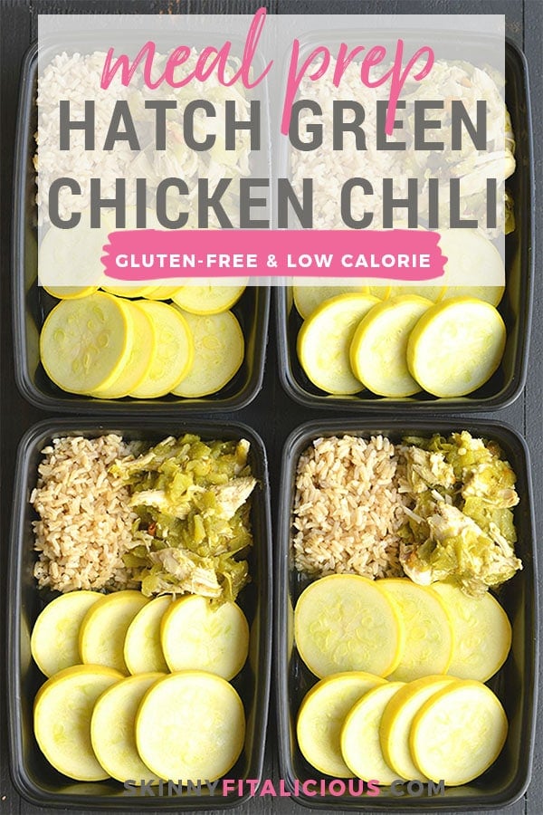 Meal Prep Hatch Green Chile Chicken! This simple dinner recipe is filled with spicy and smoky flavors. Serve over brown rice, lettuce or zucchini noodles for a lighter, healthier dish! Gluten Free + Low Calorie + Paleo option
