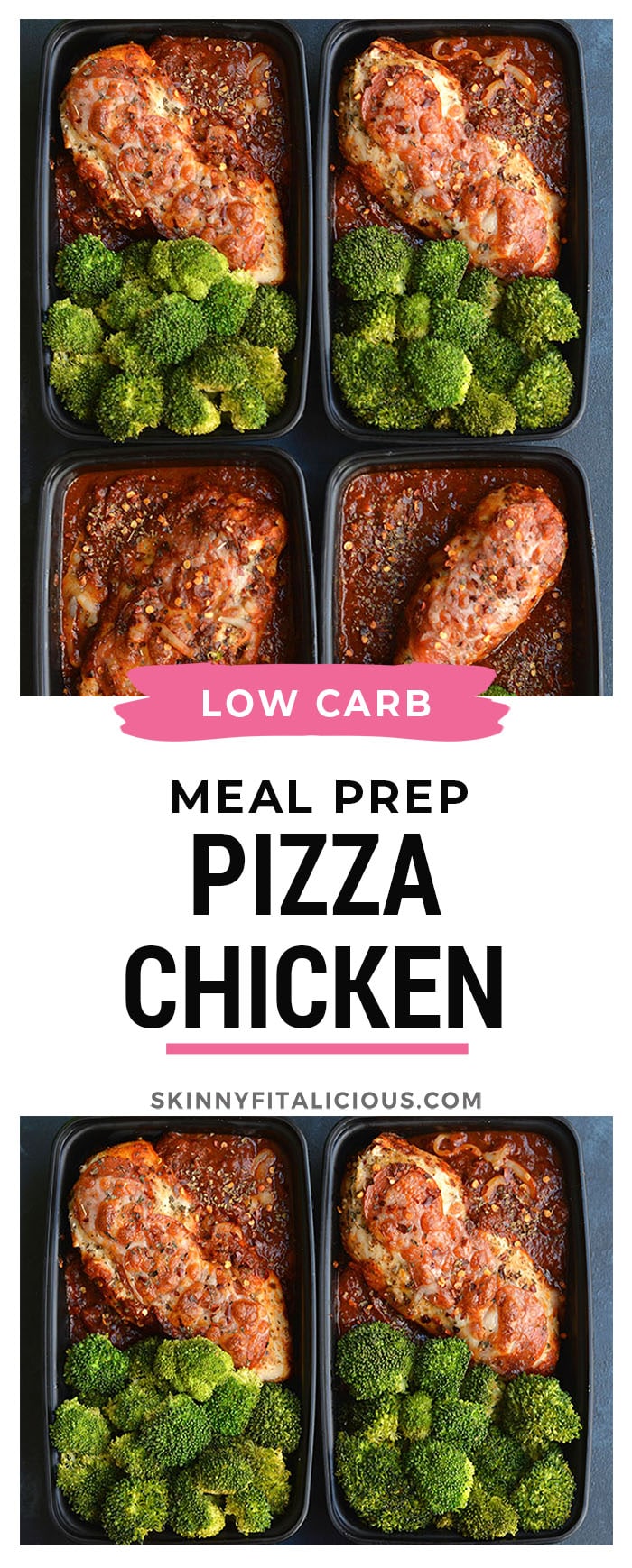 Meal Prep Pizza Chicken! Chicken dinner winner! This one skillet, low carb meal takes 20 minutes to make and has all the flavors of pizza without the carbs. Low Carb + Gluten Free + Low Calorie