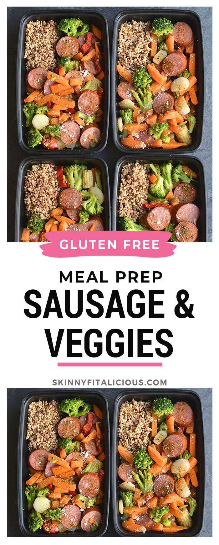 Meal Prep Sausage & Veggies! This protein and veggie packed meal is made EASY on a sheet pan and divided into meal prep containers for any meal. Eat it for breakfast, lunch or dinner! Pair with a side quinoa or cauliflower rice for Paleo. Gluten Free + Low Calorie