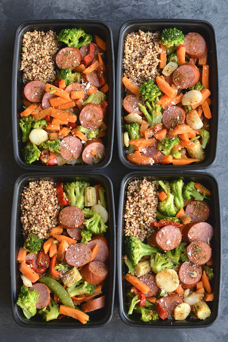 Meal Prep Sausage & Veggies! This protein & veggie packed meal is made EASY on a sheet pan & divided into meal prep containers for any meal. Eat it for breakfast, lunch or dinner! Pair with a side quinoa or cauliflower rice for Paleo. Gluten Free + Low Calorie