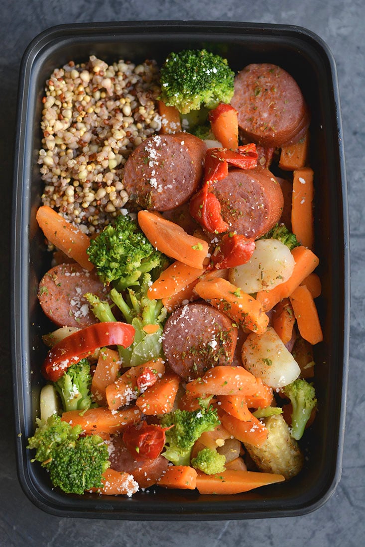 Meal Prep Sausage & Veggies! This protein & veggie packed meal is made EASY on a sheet pan & divided into meal prep containers for any meal. Eat it for breakfast, lunch or dinner! Pair with a side quinoa or cauliflower rice for Paleo. Gluten Free + Low Calorie