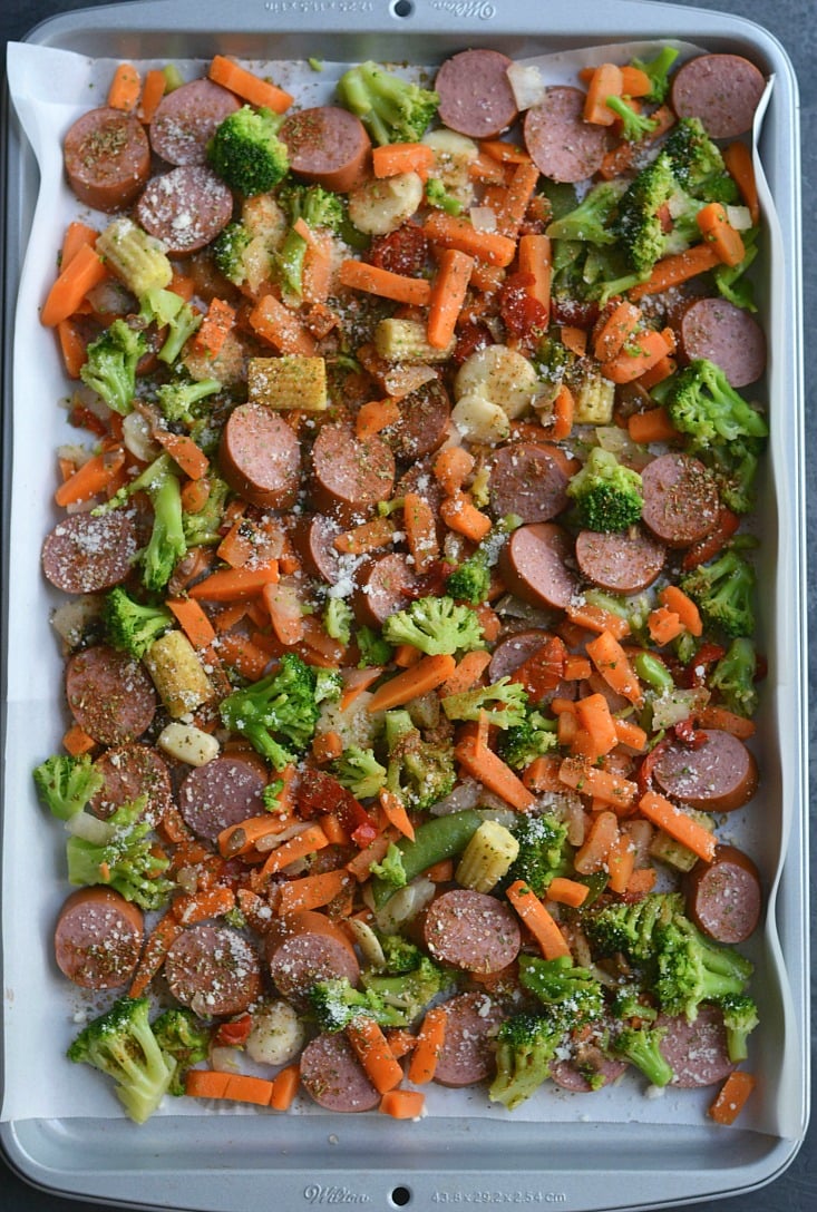 Meal Prep Sausage & Veggies! This protein & veggie packed meal is made EASY on a sheet pan & divided into meal prep containers for any meal. Eat it for breakfast, lunch or dinner! Pair with a side quinoa or cauliflower rice for Paleo. Gluten Free + Low Calorie