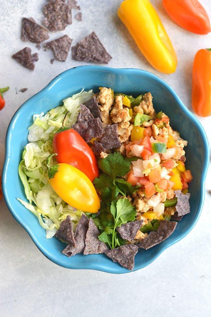 Meal Prep Turkey Taco Bowls are a healthier version of takeout that's lower in calories and big on flavor! Made with homemade seasoning for an EASY and filling veggie-protein-packed lunch or dinner. Paleo + Gluten Free + Low Calorie