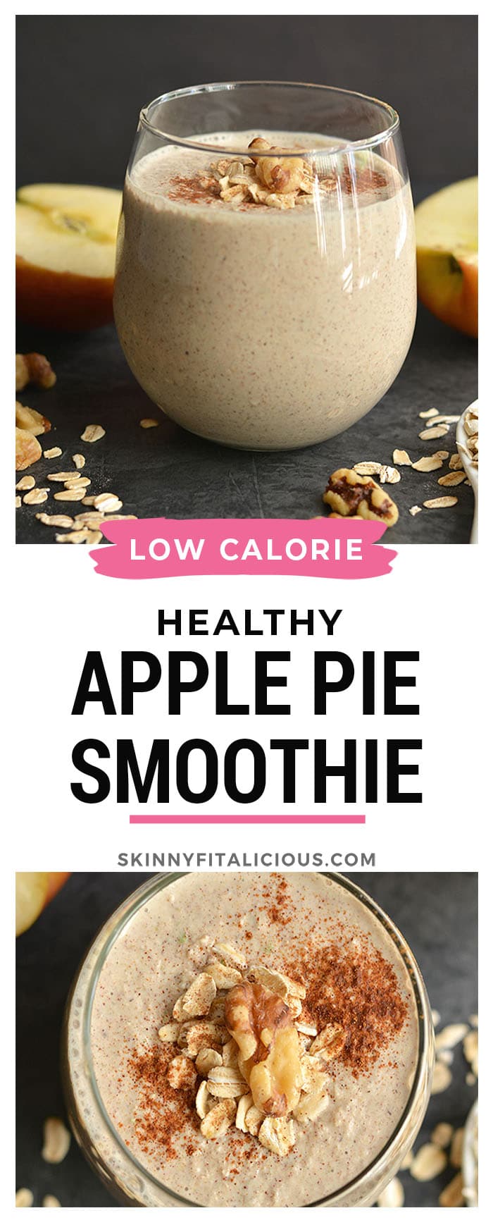 Toasted Walnut Apple Pie Smoothie! A healthy dessert like overnight oatmeal smoothie you can enjoy for breakfast, post workout, or anytime a sweet craving hits! Super creamy, packed with protein and fiber. Gluten free + Low Calorie