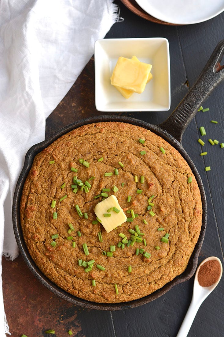 Almond Flour Pumpkin Cornbread! This simple & delicious grain-free bread is quick to make & delicious! Refined sugar free, fluffy, soft with a hint of cinnamon. Bake it in a skillet or baking pan for a hearty & flavorful side! Gluten Free + Low Calorie